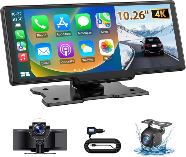 Detalle de ELECROW 10.26” Wireless Portable CarPlay Screen with 4K Front & HD Rear Dual Dash Cam