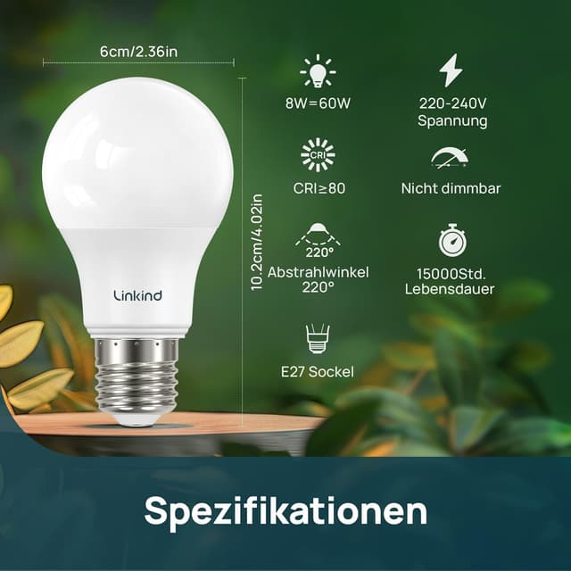Detalle de Linkind 8W E27 LED-Lampe Warmweiß 2700K, 806 lm – 3er-Set (ersetzt 60W), nicht dimmbar
