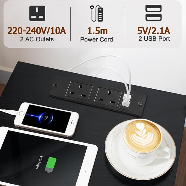 Detalle de AMHANCIBLE HETS01BK set of 2 bedside tables with charging station and RGB LED lights