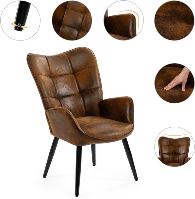 Thumbnail 3 de MEUBLE COSY Poltrona imbottita con braccioli e schienale alto in pelle scamosciata marrone