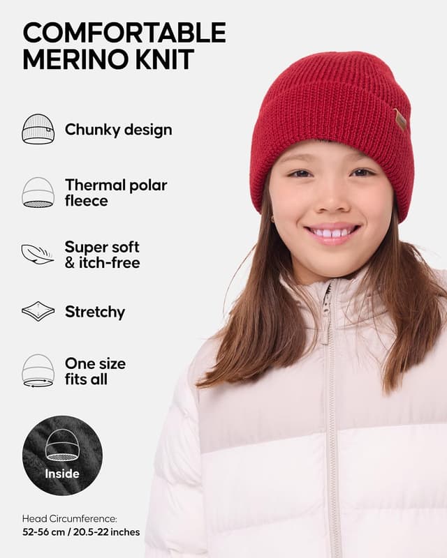 Detalle 2 de DANISH ENDURANCE Merino Wool Beanie Hat for Kids (Unisex) with Thermal Fleece Lining