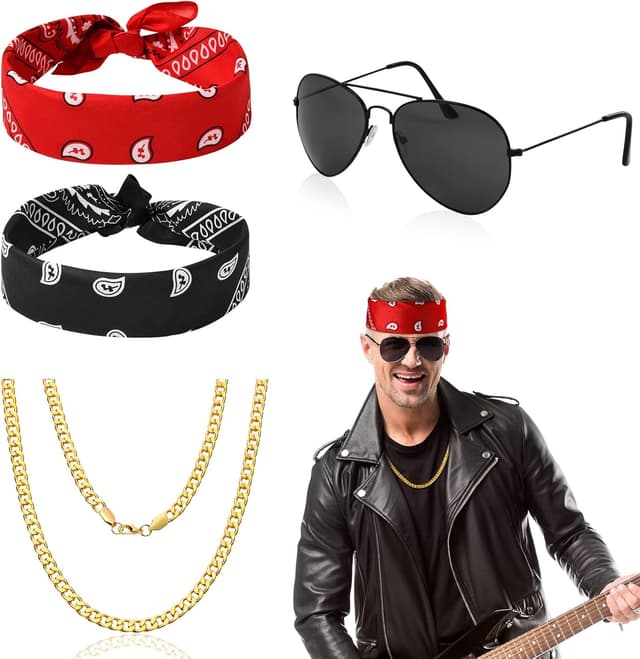 Detalle de Aomig Rocker Punker Kostüm-Set: Bandanas, Goldkette und Sonnenbrille im 80/90er-Style