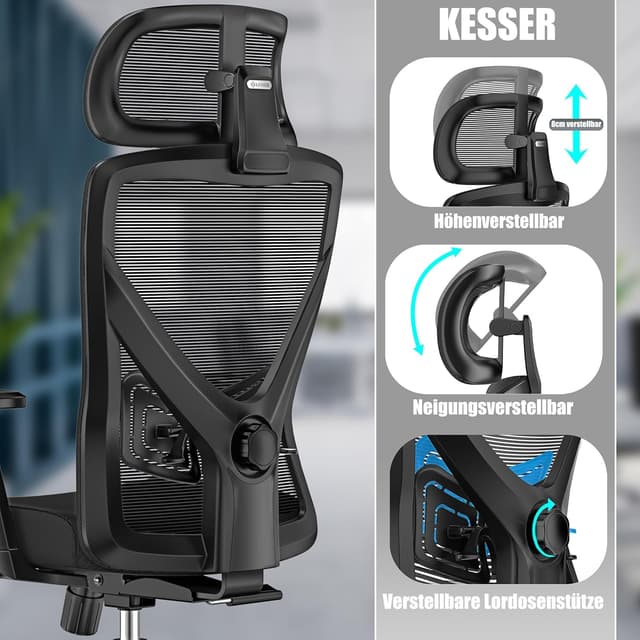 Detalle 2 de KESSER ergonomischer Bürostuhl mit verstellbaren Armlehnen, Lordosenstütze und Kopfstütze