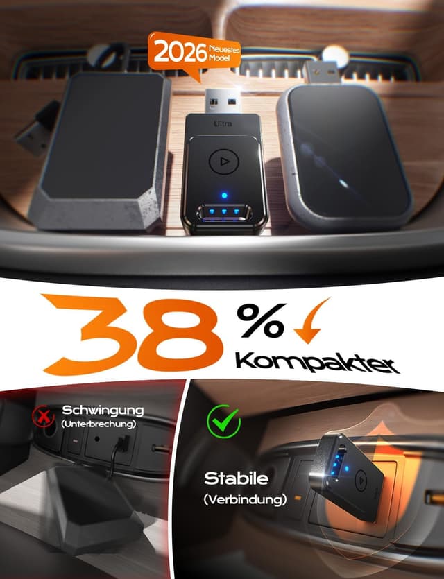 Detalle de Cleviton Wireless CarPlay Adapter für Apple CarPlay, kabellose Verbindung per Plug&Play (3× Auto-Verbindung), USB A/C, Schwarz