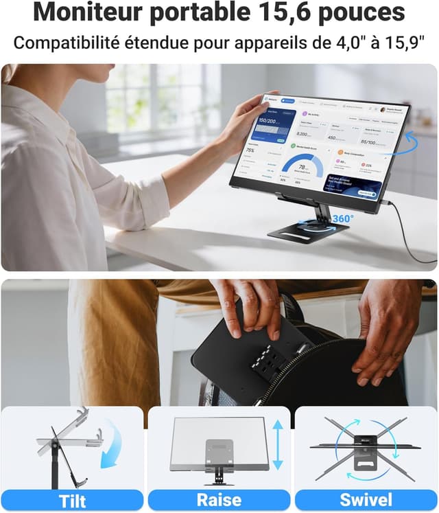 Thumbnail 2 de Ingnok tragbarer Monitor 15,6 Zoll (FHD, IPS) mit Ständer – Zweitbildschirm per USB‑C & HDMI