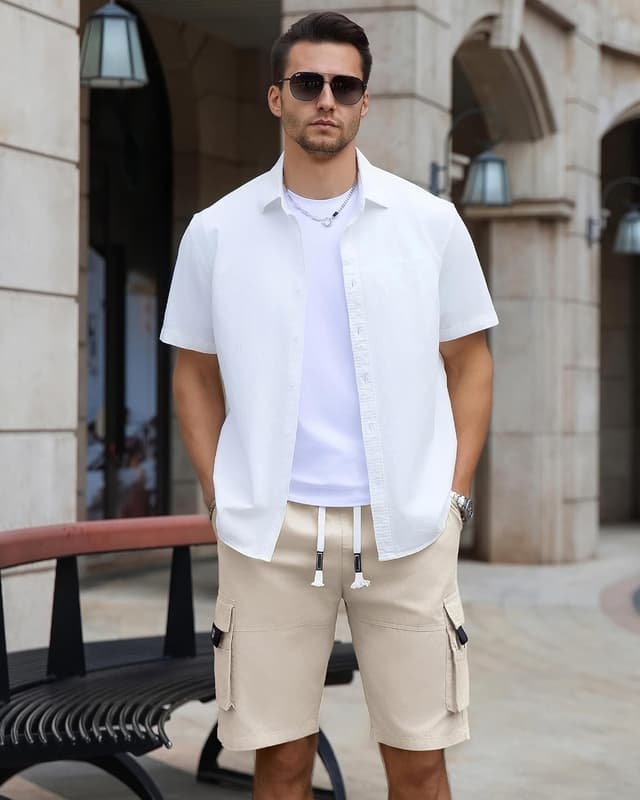 Detalle 2 de APTRO Men’s Cargo Shorts with Elastic Waistband & Drawstring, 100% Cotton Twill Relaxed Fit (Big & Tall)