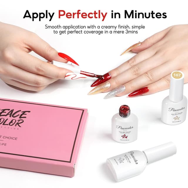Detalle de PEACECOLOR UV-Gel Nagellack Set mit 6 Farben (10 ml) – Weiß, Rot, Schwarz, Silber/Gold Flash