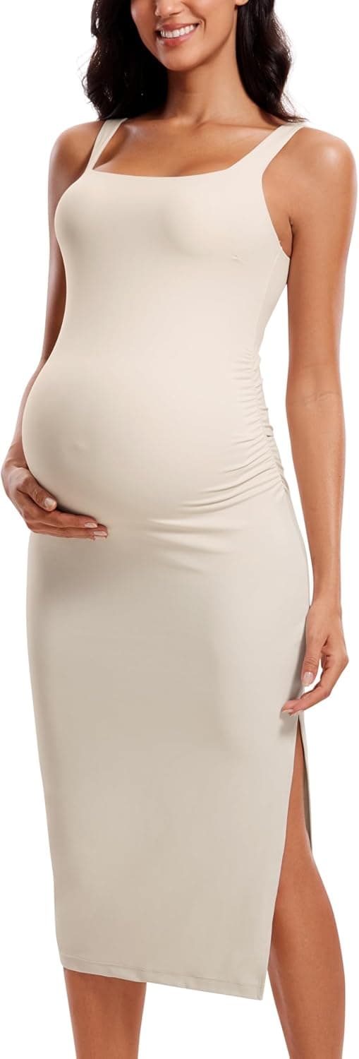 Detalle de CRZ YOGA Butterluxe maternity dress with square neck, ruched sides & split hem