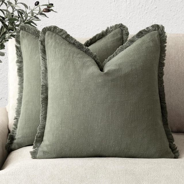Imagen de Foindtower 18x18 Linen Fringe Pillow Covers Olive Green 🛋 en OfertitasTOP