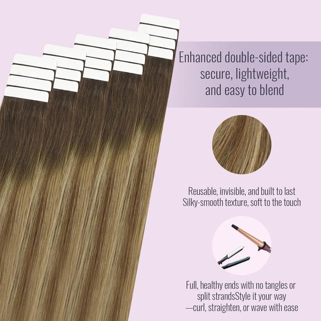 Detalle de Fshine Extensiones Adhesivas de Pelo Natural, 14", Marrón a Rubio