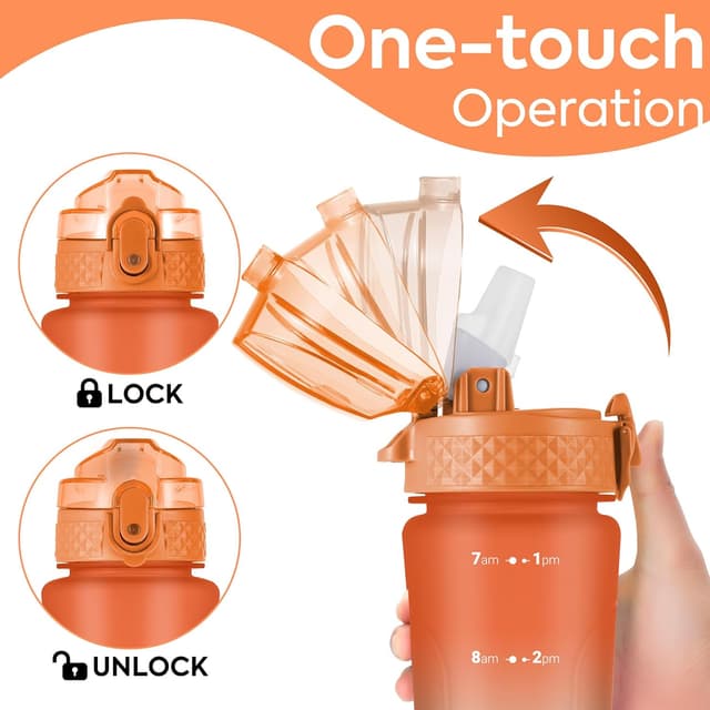 Detalle de OLDLEY 450ml/15oz BPA-free water bottle with straw, time markings and one-touch lid