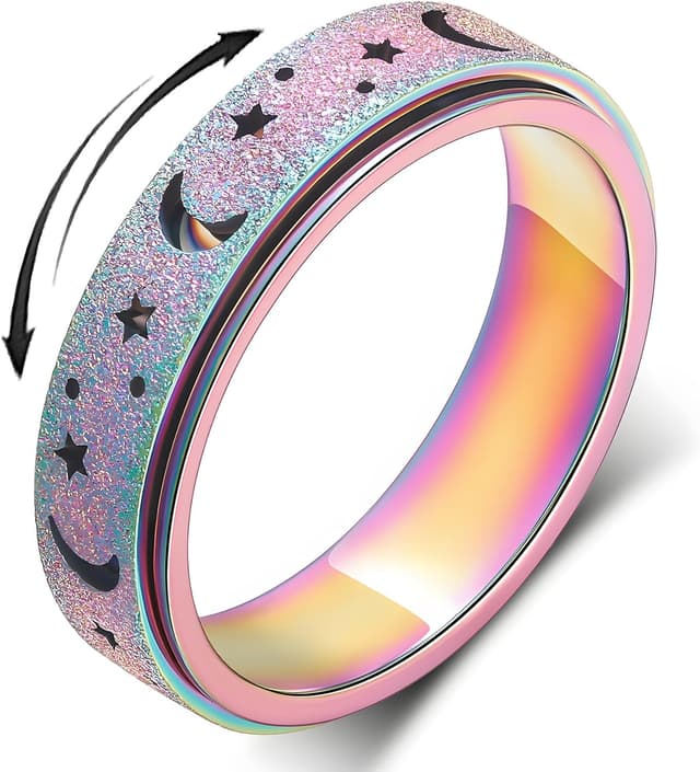 Detalle de LuckyAmor Anxiety Spinner Ring for Women (Moon & Stars) – Rotating Stainless Steel Band Jewelry