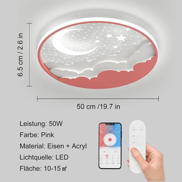 Detalle de RRBEST Lampada da soffitto LED per bambini stella e luna dimmerabile (plafoniera da 50 cm) con telecomando