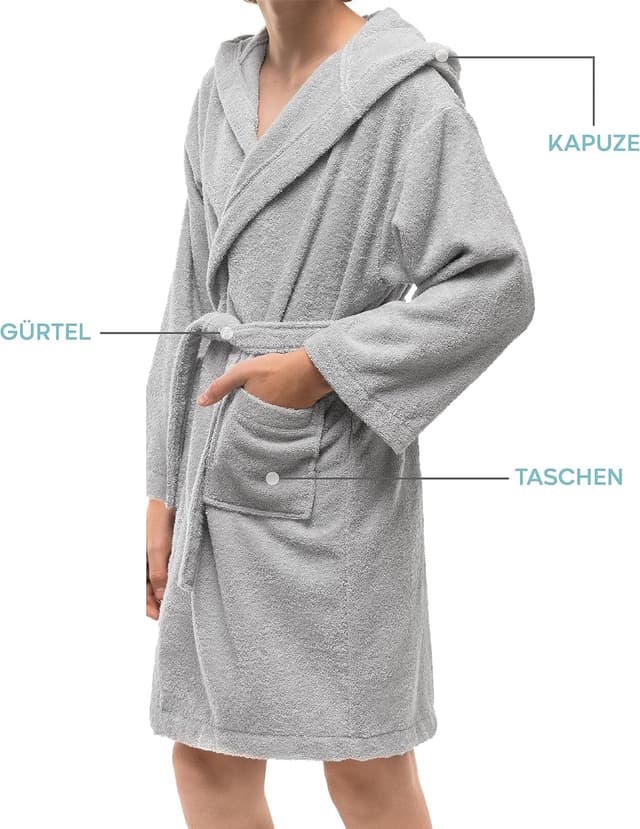 Detalle de Twinzen Bademantel für Kinder & Teenager mit Kapuze aus 100% Baumwolle (Oeko-Tex), Frottee