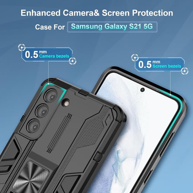 Detalle de Btstring Heavy Duty Armour Case for Samsung Galaxy S21 5G with Tempered Glass Screen Protector and Built-in Stand (Black)