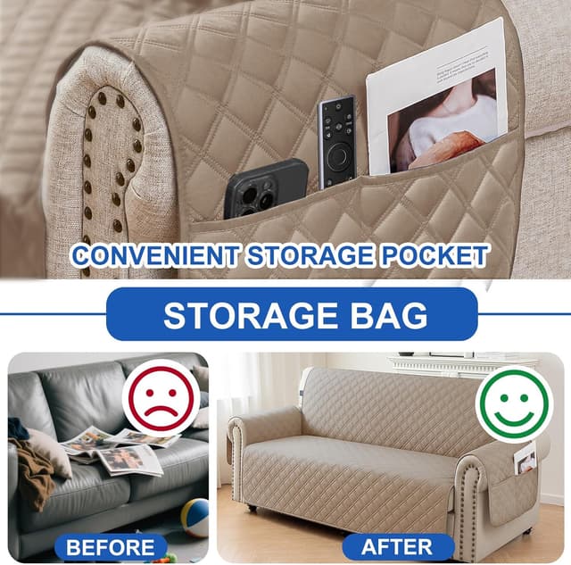 Detalle de YSTELLAA Copridivano impermeabile 3 posti con braccioli, antigraffio per gatto e cane, trapuntato estivo con tasche antiscivolo Caffè Chiaro