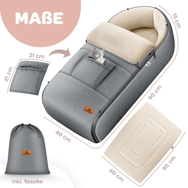 Detalle de Kidiz Babyfußsack Winter für Babyschale & Kinderwagen (Jeans Grau) mit Reißverschluss und verschließbarem Kopfteil