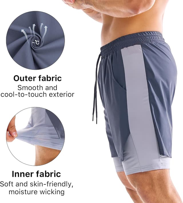 Detalle de BROKIG Men’s Liner Gym Shorts with Zip Pocket – lightweight double-layer compression for training and running