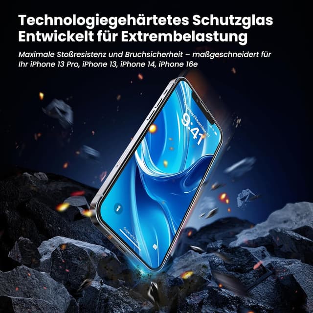 Detalle de DEINODON Panzerglas für iPhone 13 Pro/13/14/16e/17e (Auto-Montage, 9H+ Full Screen) – 2 Stück, blasenfrei