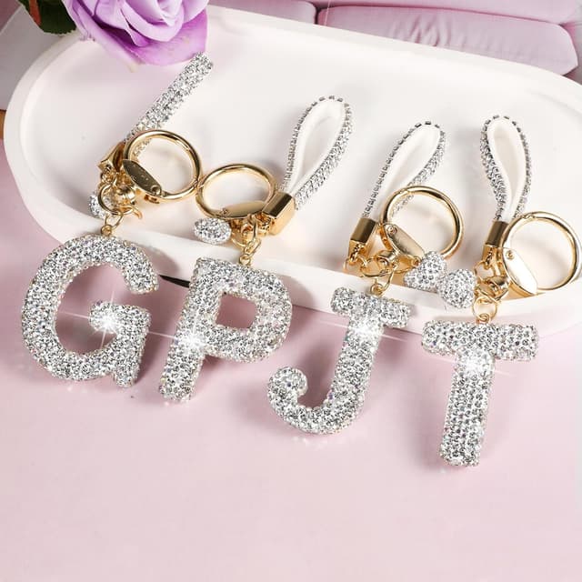Detalle de MWOOT Glitzer-Schlüsselanhänger mit Buchstabe (Strass) – silberner Keychain mit Namens-Initial für Auto & Tasche