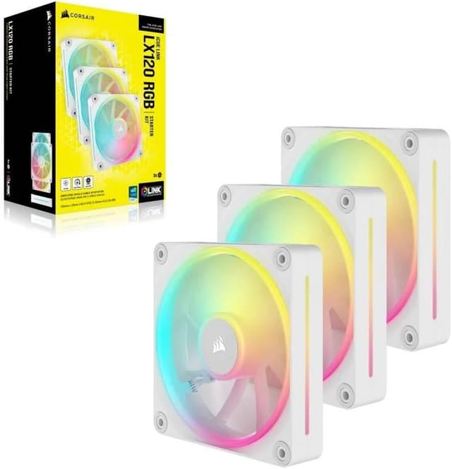 Detalle de CORSAIR iCUE LINK LX120 RGB 120 mm PWM Ventole (confezione tripla) con Hub iCUE LINK, doppio anello luminoso e AirGuide, Bianco