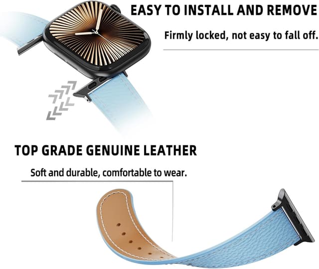 Detalle de Leather Watch Band with Magnetic Buckle for Apple Watch (Ultra/Series/SE) – natural cowhide replacement strap