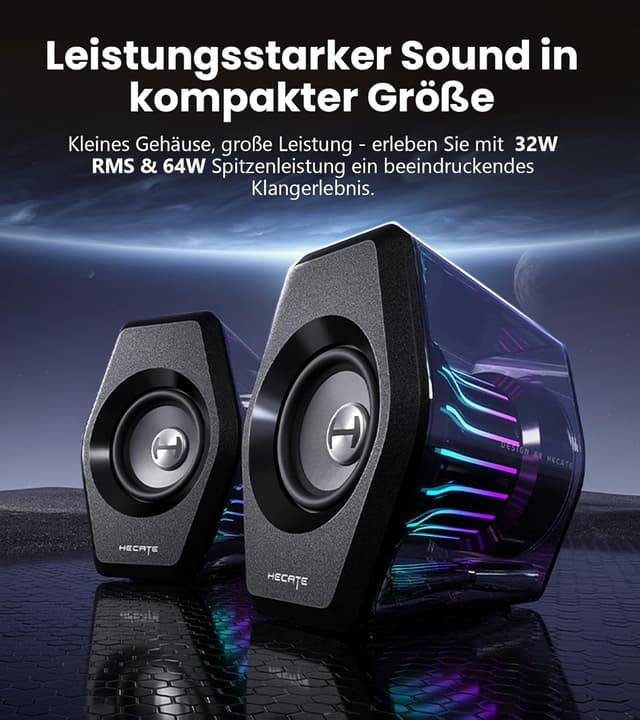 Detalle de Edifier G2000 Pro 2.0 RGB Gaming-Lautsprecher mit Virtual 7.1, Bluetooth 5.4, USB‑C/AUX und TempoFlow-Licht