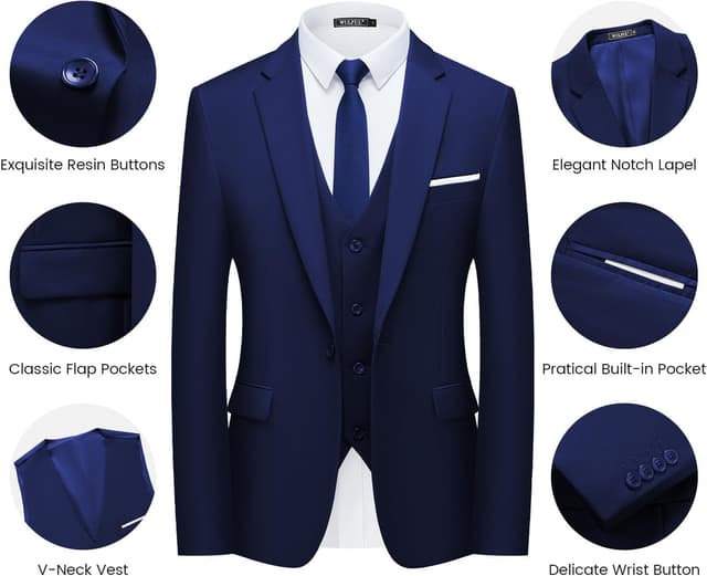 Detalle de WULFUL Slim Fit Men’s 3-Piece Suit Set (Jacket, Vest, Pants) for Business, Weddings, and Events