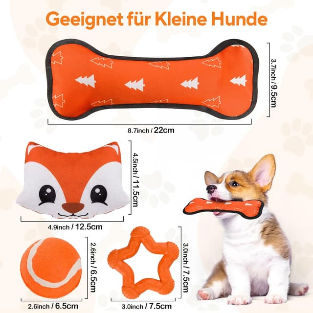 Detalle de LIFLIX Welpenspielzeug für kleine Hunde (4-teilig) – Fuchs-Plüsch mit Quietsch & Kauspielzeug aus Naturkautschuk