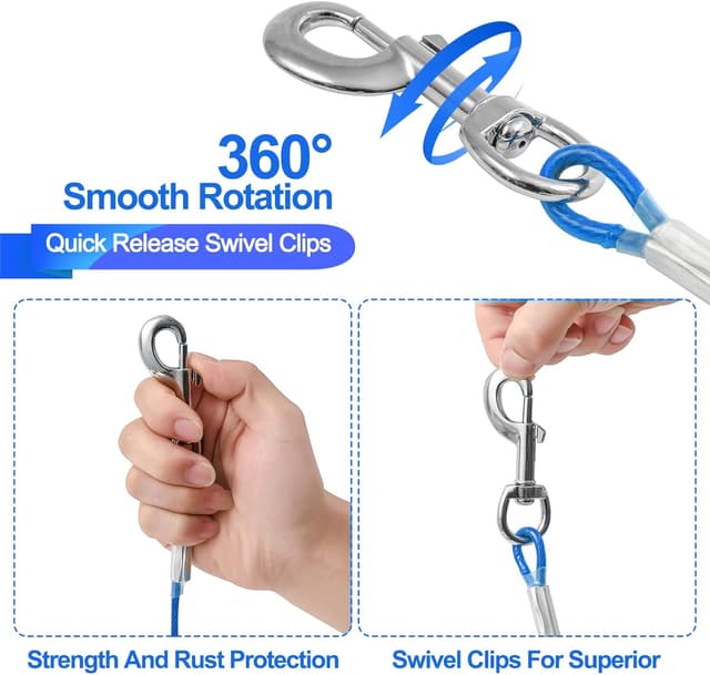 Detalle de Mi Metty Dog Tie Out Cable (Blue, 20ft / 6M) – chew-proof tether for small dogs up to 60lb