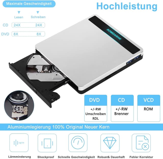 Detalle 2 de SOMDARHK Externes CD DVD Laufwerk 560 g đź“€