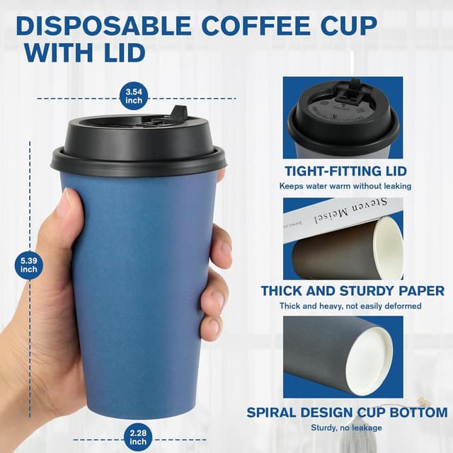 Detalle de LITOPAK 100-Pack 16 oz Disposable Paper Coffee Cups with Lids (Blue/Gray)