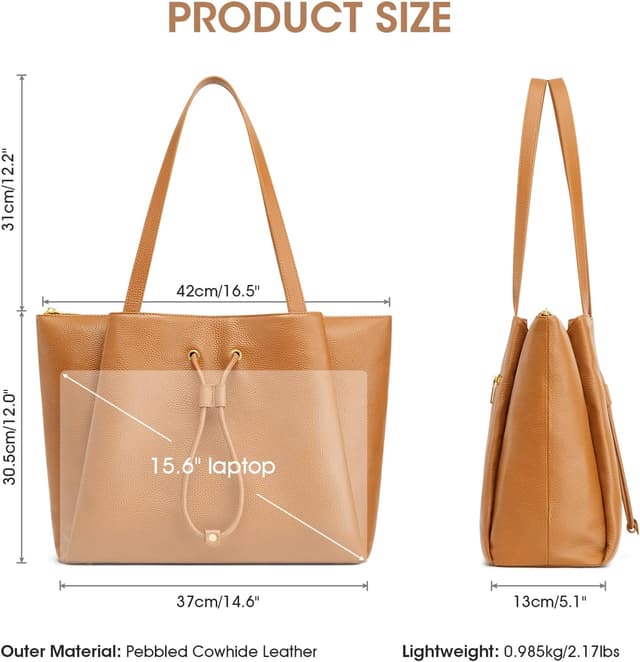 Detalle de Kattee Large Genuine Leather Work Tote Bag for Women with Laptop Compartment