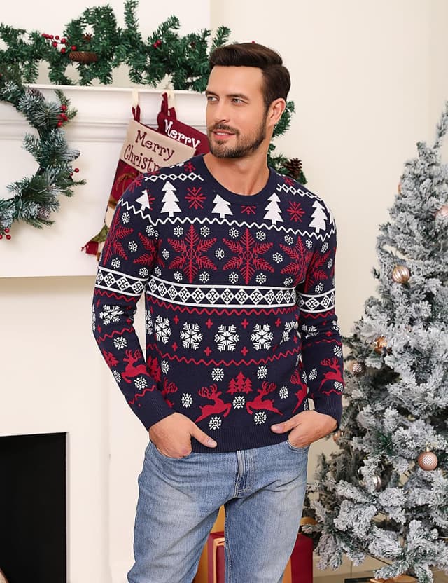 Detalle de Pull de Noël unisexe Aseniza « moche » avec motif flocon et wapiti, col rond et manches longues