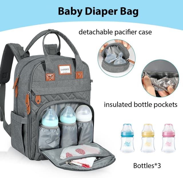 Detalle de LANDICI Baby Changing Bag Backpack (Large) in Grey — with Changing Mat, Stroller Straps & Pacifier Case
