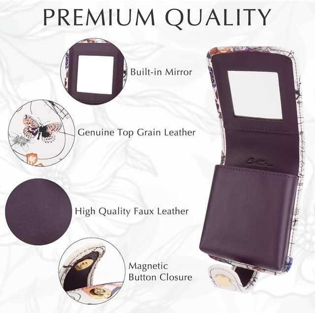 Detalle 2 de Kilofly Genuine Leather Double Lipstick Case with Mirror and Gift Box (Flower 04)