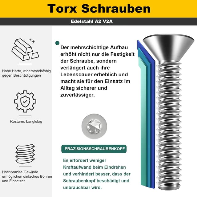Detalle de Zuyya 20 Senkschrauben M6 x 50 mm Torx aus Edelstahl A2 (Vollgewinde) inkl. Torx-Schlüssel