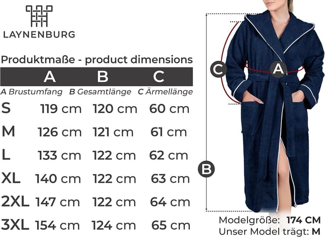 Detalle 2 de LAYNENBURG Damen Bademantel aus Frottee mit Kapuze, lang – 100% Baumwolle (360 g/m²), OEKO‑TEX Standard 100