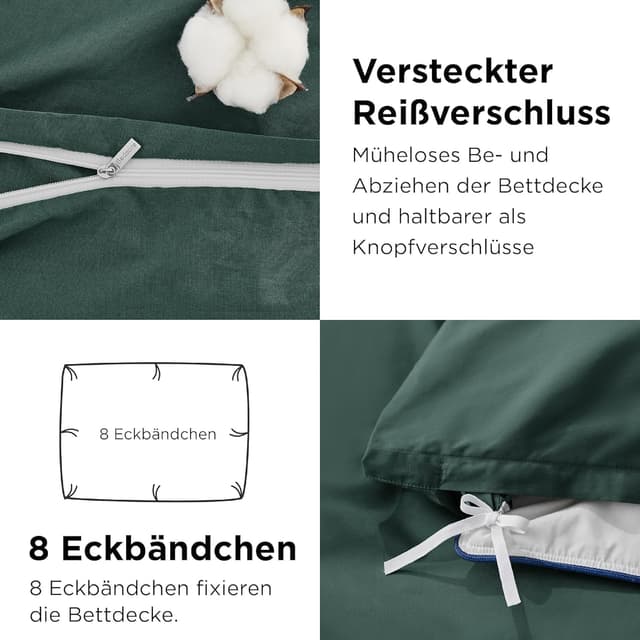 Detalle de BEDSURE Bettwäsche 135x200 aus Baumwolle, 4-teilig in Dunkelgrün (mit Reißverschluss, Oeko-Tex)