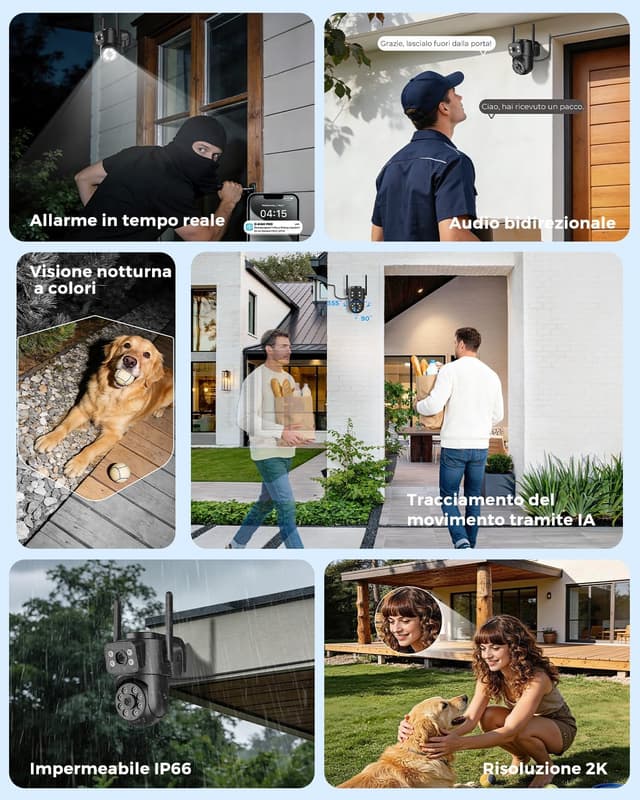 Detalle 2 de Reobiux 2K Telecamera Wi‑Fi esterna con doppia lente, 360° PTZ e visione notturna a colori (IP66)