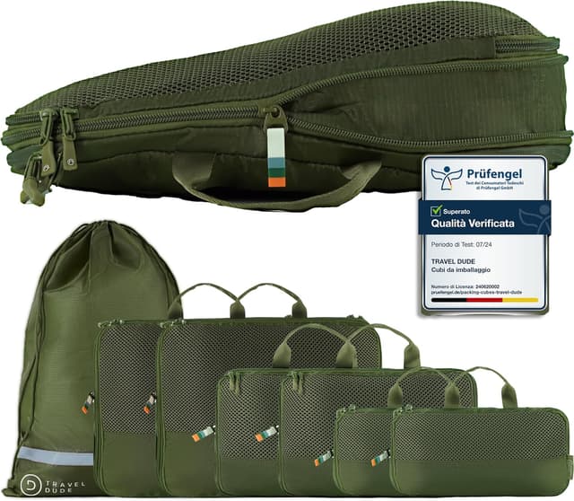 Detalle de TRAVEL DUDE Organizer valigia con compressione e packing cubes (set da 7) Verde Foresta