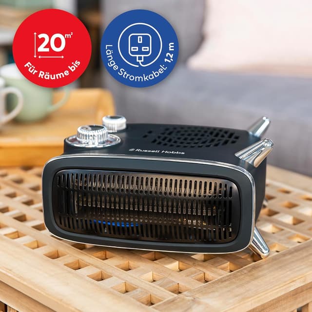 Detalle de Russell Hobbs RHRETHFH1001B riscaldatore elettrico retrò 1800 W (1.8 kW) orizzontale/verticale con termostato