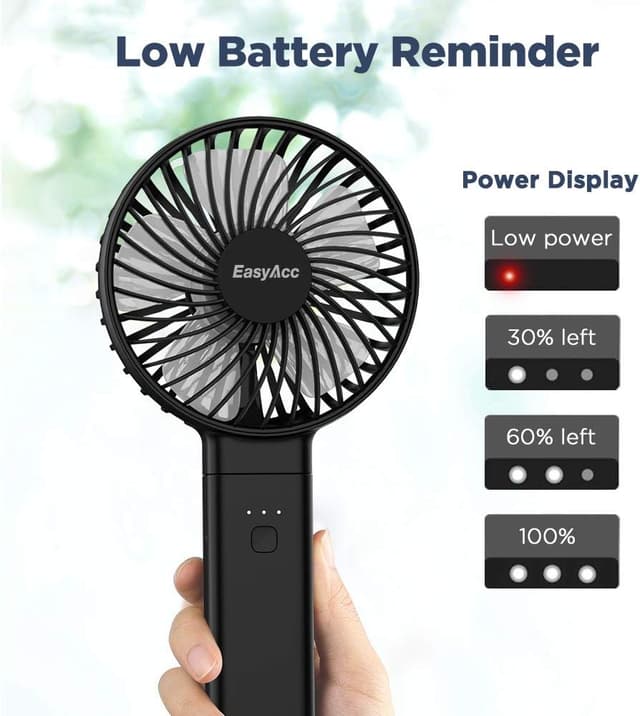 Detalle de EasyAcc EasyAcc Handheld Fan (Portable USB Fan) – Rechargeable, Foldable, 4 Speeds, Up to 17 Hours, Black