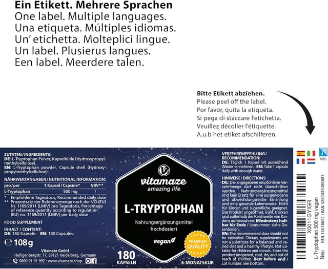 Thumbnail 4 de Vitamaze L-Triptófano Puro 500mg 🌱 Cápsulas para Sueño Reparador