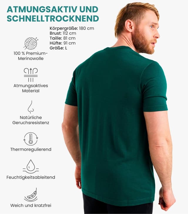Detalle de Premium Merino Shirt Herren Kurzarm (Thermooberteile) + Wanderwollsocken – 100% Merino