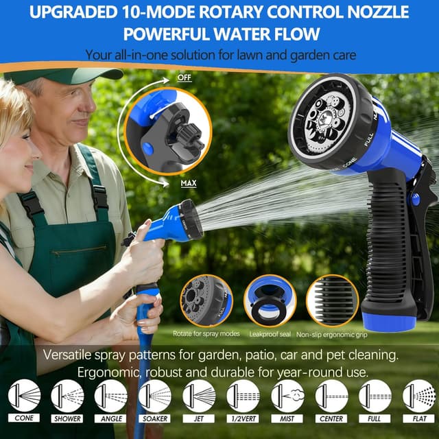 Detalle 2 de HOMOZE expandable garden hose pipe (Blue) with 3/4" and 1/2" fittings, anti-leak design, 10-function spray nozzle, 50ft