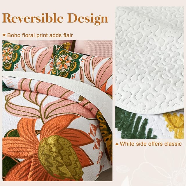 Detalle de Tyrot 3-Piece Boho Floral Quilt Set (Full/Queen) with Reversible Coverlet & 2 Shams, 90 x 96 in