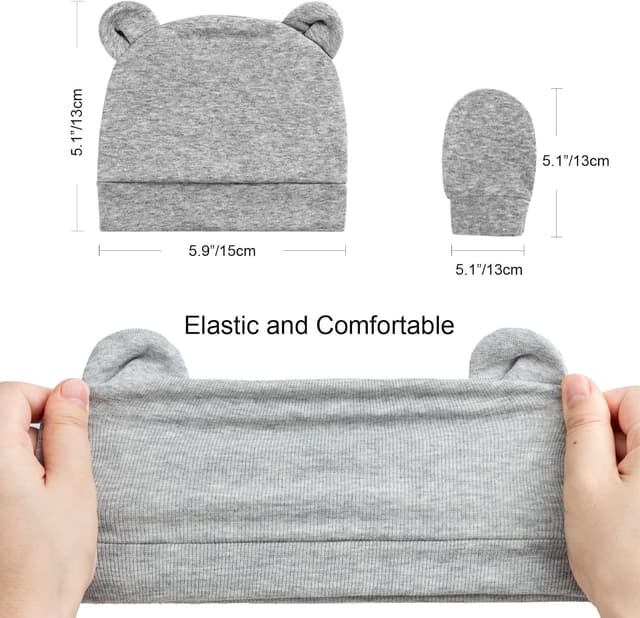 Detalle 2 de DRESHOW bonnets et moufles de naissance en coton extensible (0-6 mois) – lot de 4