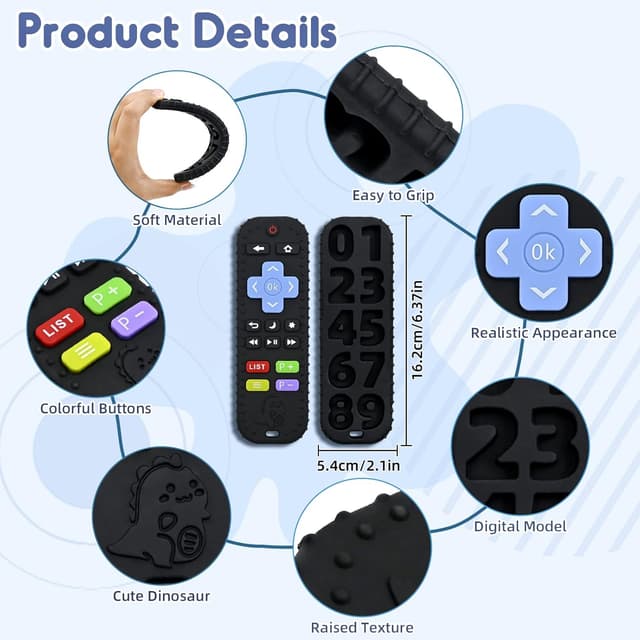 Detalle de Dentizione Sollievo: dentiera giocattolo in silicone alimentare con telecomando per bambini (3-6-12 mesi) – nero