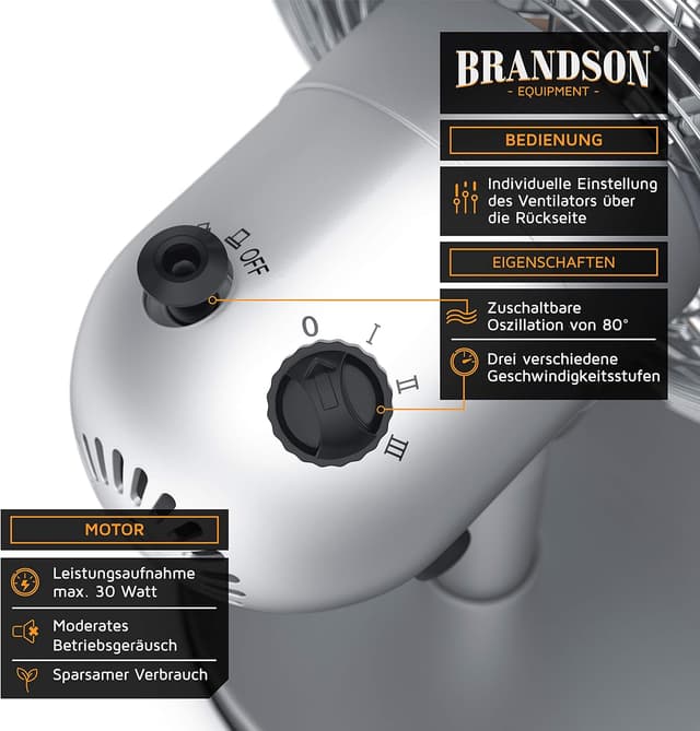 Detalle 2 de Brandson Tischventilator Design Retro (Voll-Metall) mit 3 Geschwindigkeitsstufen, 80° Oszillation & ca. 40° Neigungswinkel